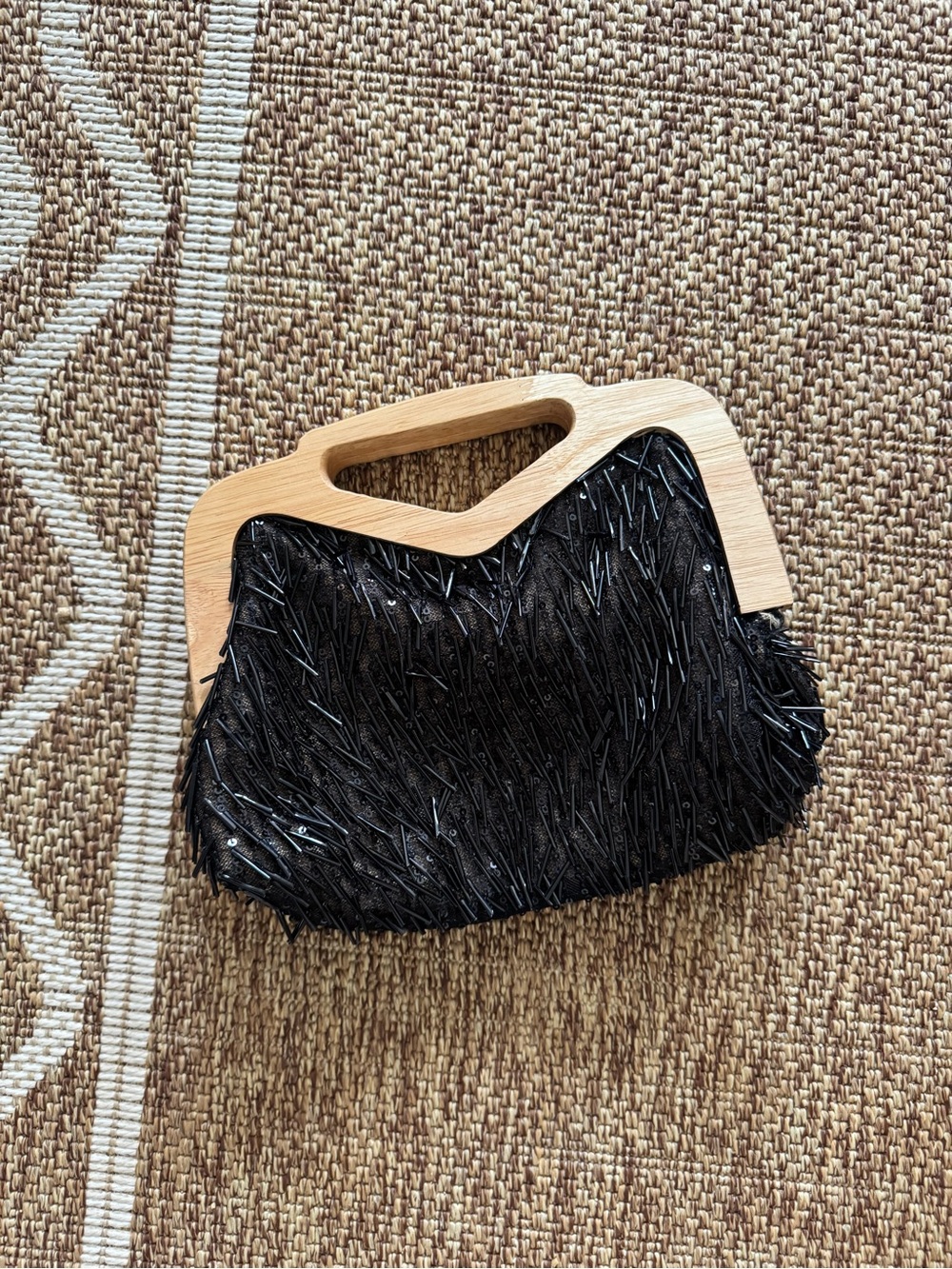 Vintage Black Beaded Sequin Evening Bag Wood Handle Clutch